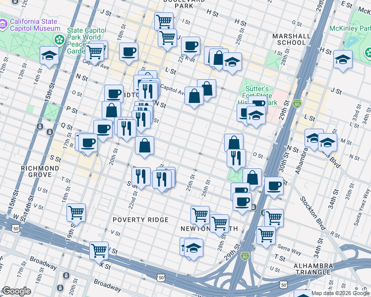 map of restaurants, bars, coffee shops, grocery stores, and more near 24th St & P St in Sacramento