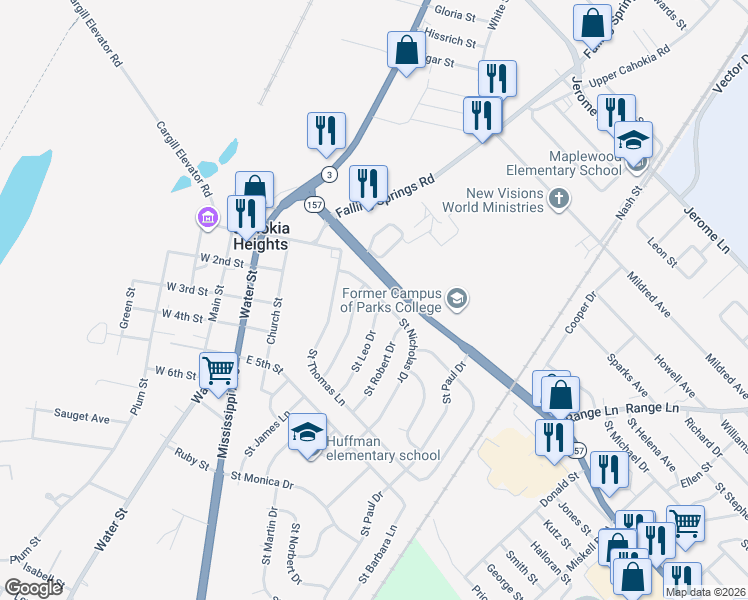 map of restaurants, bars, coffee shops, grocery stores, and more near 104 Saint Leo Drive in Cahokia