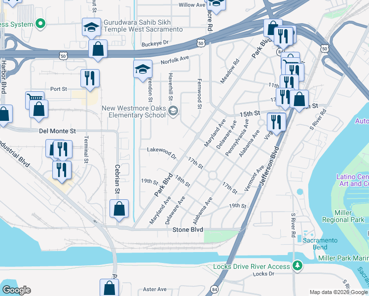 map of restaurants, bars, coffee shops, grocery stores, and more near 1701 Park Boulevard in West Sacramento