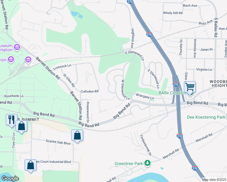 map of restaurants, bars, coffee shops, grocery stores, and more near 22 Heatherbrook Lane in Kirkwood