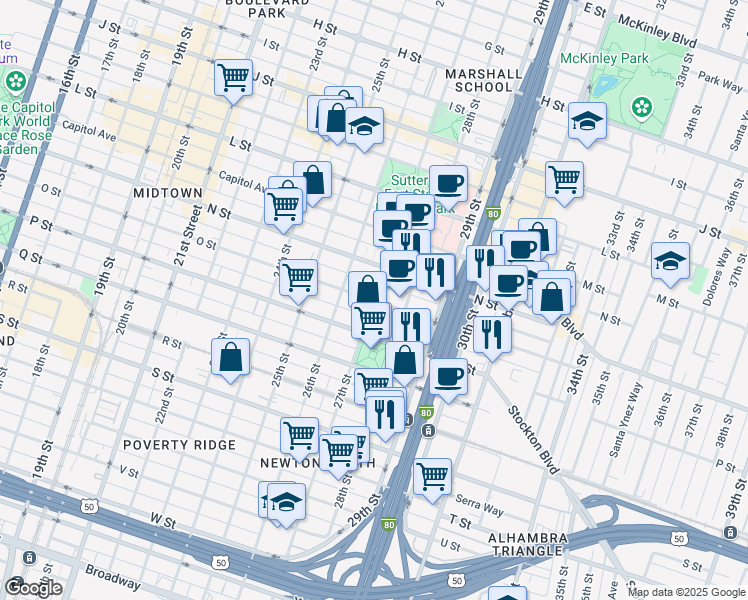map of restaurants, bars, coffee shops, grocery stores, and more near 27th Street & O Street in Sacramento