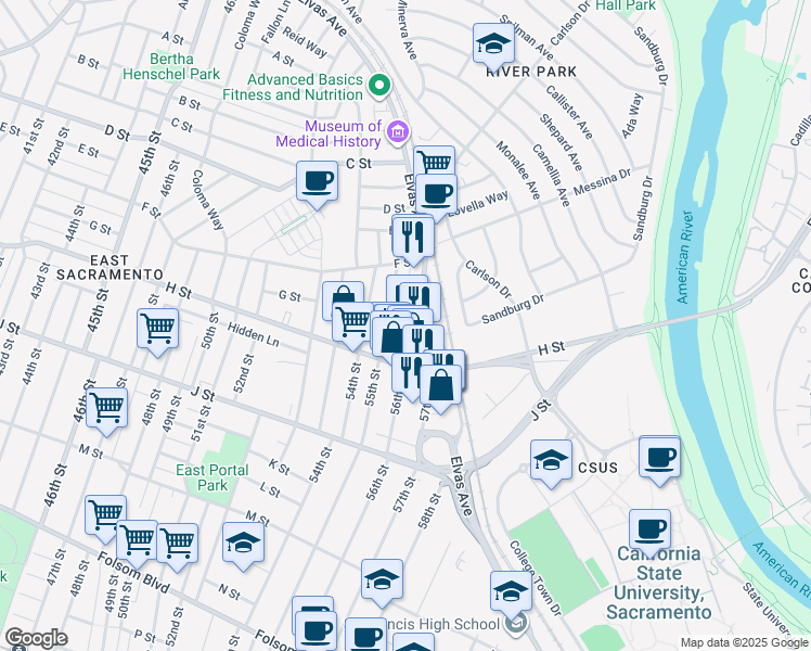 map of restaurants, bars, coffee shops, grocery stores, and more near in Sacramento