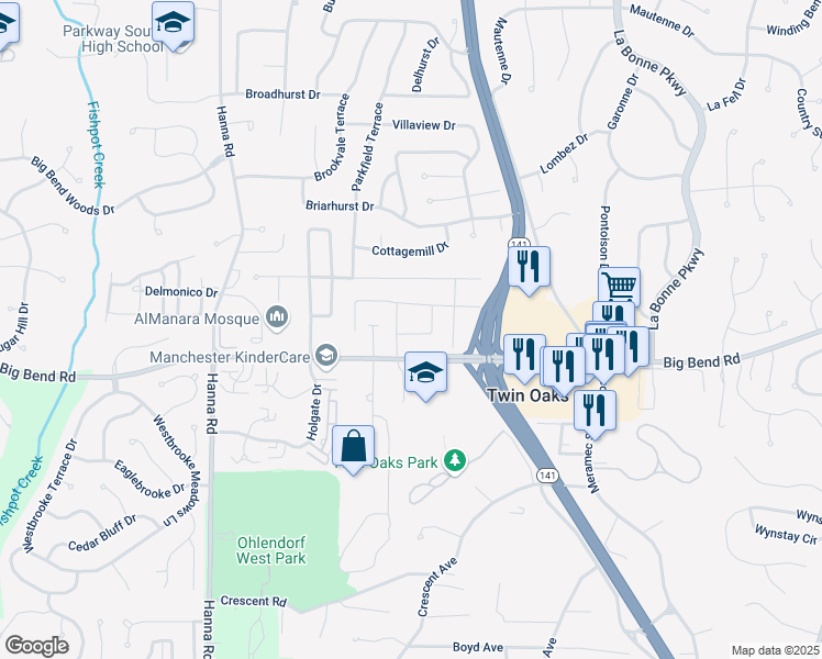 map of restaurants, bars, coffee shops, grocery stores, and more near 1227 Big Bend Road in Ballwin