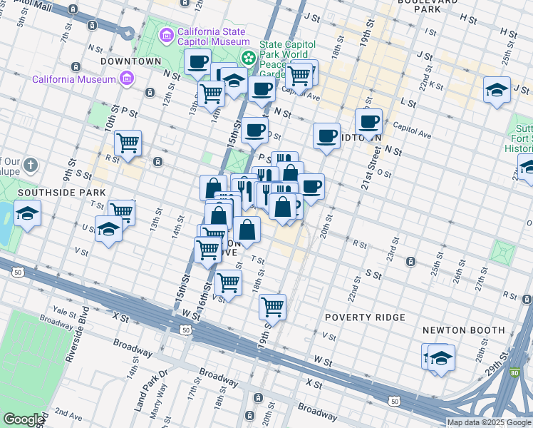map of restaurants, bars, coffee shops, grocery stores, and more near 1710 R Street in Sacramento