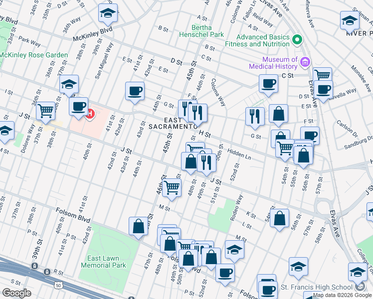map of restaurants, bars, coffee shops, grocery stores, and more near 929 47th Street in Sacramento