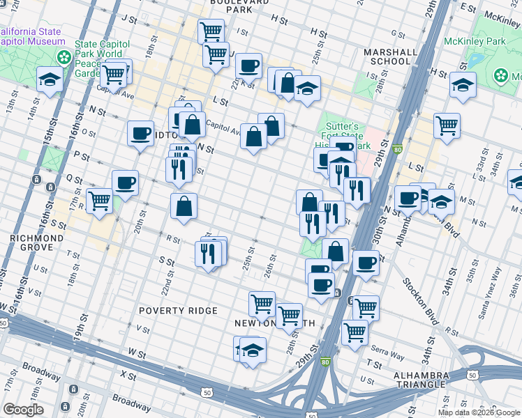 map of restaurants, bars, coffee shops, grocery stores, and more near 2500 P Street in Sacramento