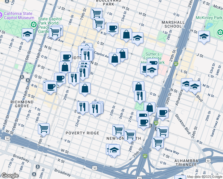 map of restaurants, bars, coffee shops, grocery stores, and more near 1617 24th Street in Sacramento