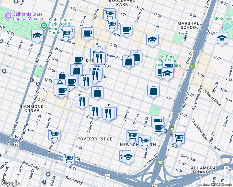 map of restaurants, bars, coffee shops, grocery stores, and more near 2301 Q Street in Sacramento