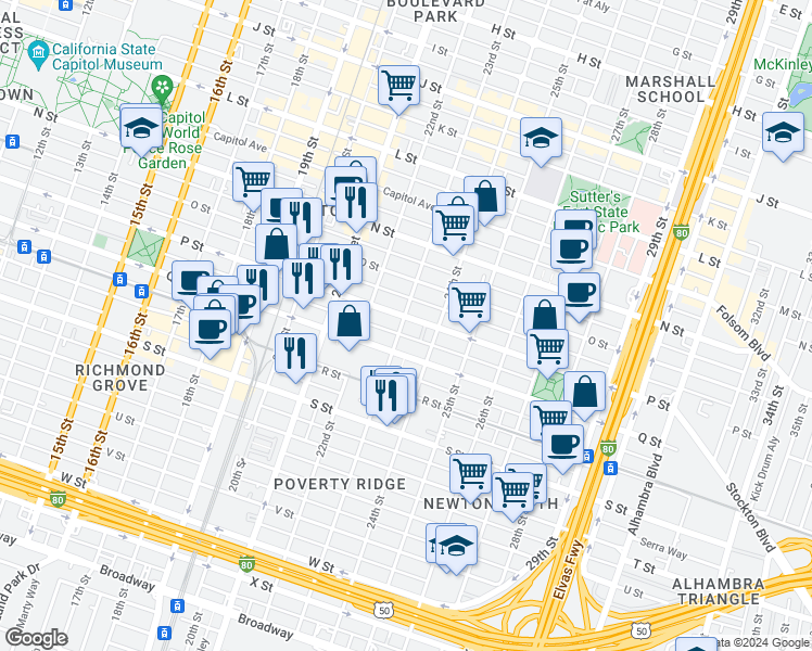 map of restaurants, bars, coffee shops, grocery stores, and more near 2301 Q Street in Sacramento