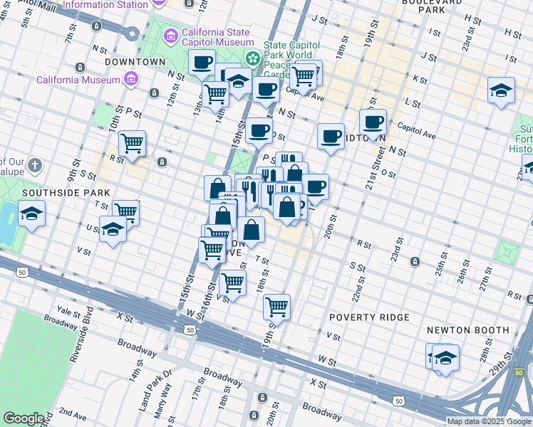 map of restaurants, bars, coffee shops, grocery stores, and more near 1829 17th Street in Sacramento