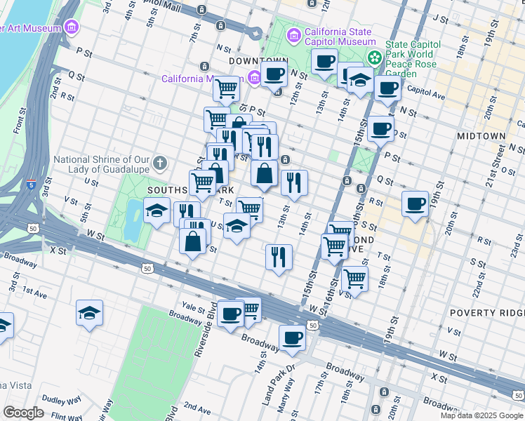 map of restaurants, bars, coffee shops, grocery stores, and more near 2013 12th Street in Sacramento