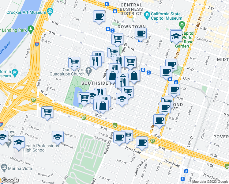 map of restaurants, bars, coffee shops, grocery stores, and more near 1006 U Street in Sacramento