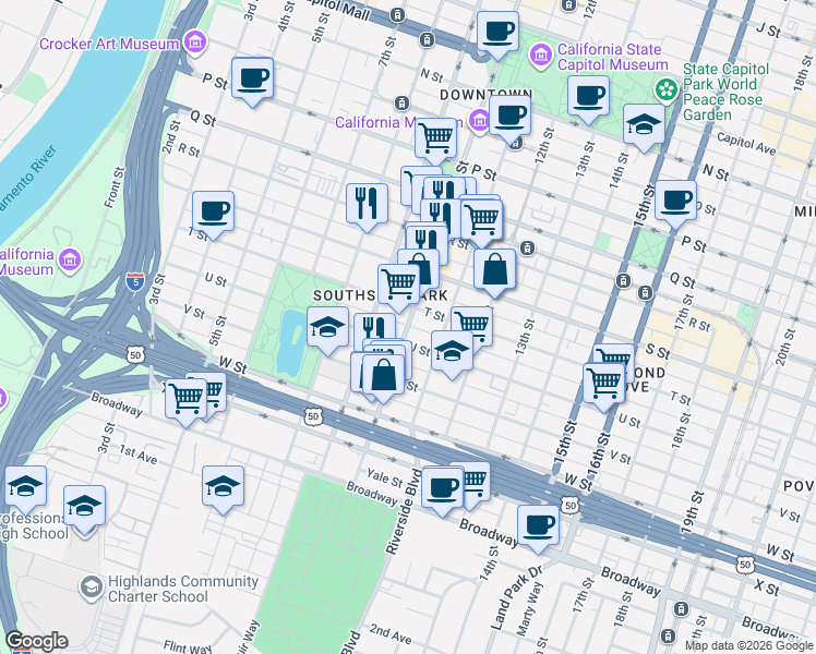 map of restaurants, bars, coffee shops, grocery stores, and more near 1006 U Street in Sacramento