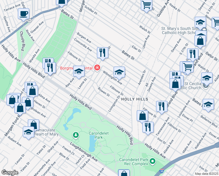 map of restaurants, bars, coffee shops, grocery stores, and more near 3921 Bowen Street in St. Louis