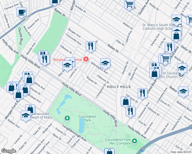 map of restaurants, bars, coffee shops, grocery stores, and more near 3921 Bowen Street in St. Louis