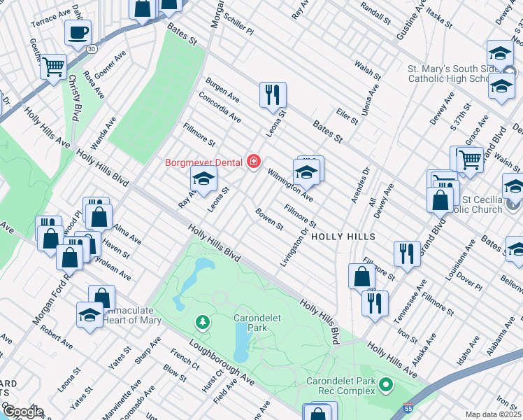 map of restaurants, bars, coffee shops, grocery stores, and more near 3954 Bowen Street in St. Louis