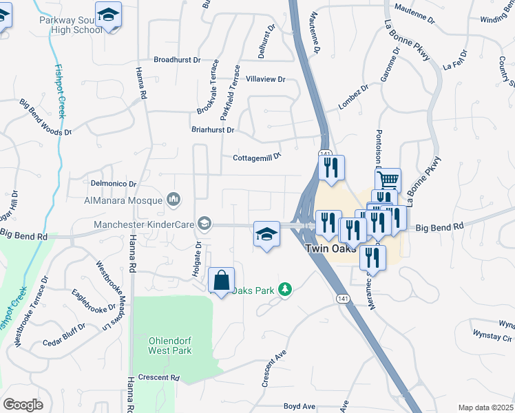 map of restaurants, bars, coffee shops, grocery stores, and more near 1227 Big Bend Road in Ballwin