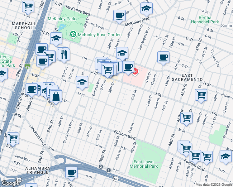 map of restaurants, bars, coffee shops, grocery stores, and more near 1100 39th Street in Sacramento