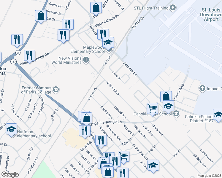 map of restaurants, bars, coffee shops, grocery stores, and more near 725 Howell Avenue in Cahokia