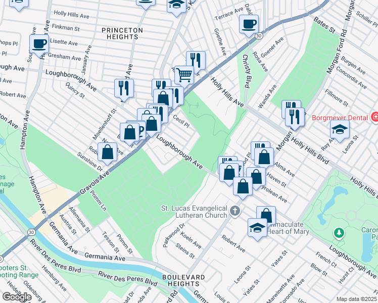 map of restaurants, bars, coffee shops, grocery stores, and more near 4559 Loughborough Avenue in St. Louis