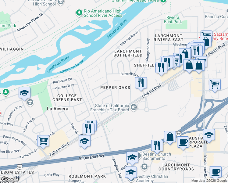 map of restaurants, bars, coffee shops, grocery stores, and more near 9419 Linda Rio Drive in Sacramento
