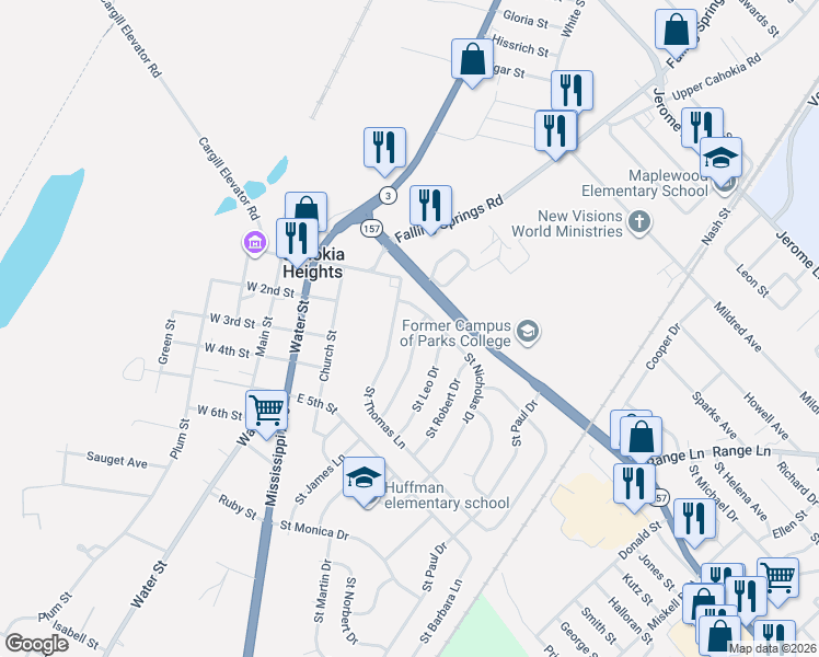 map of restaurants, bars, coffee shops, grocery stores, and more near 404 Saint Nicholas Drive in Cahokia