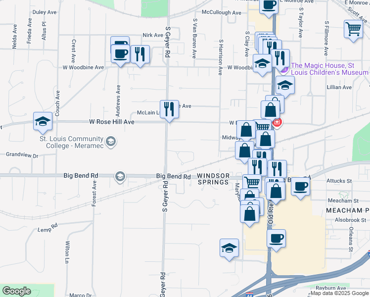 map of restaurants, bars, coffee shops, grocery stores, and more near 411 Rollingwood Lane in Kirkwood