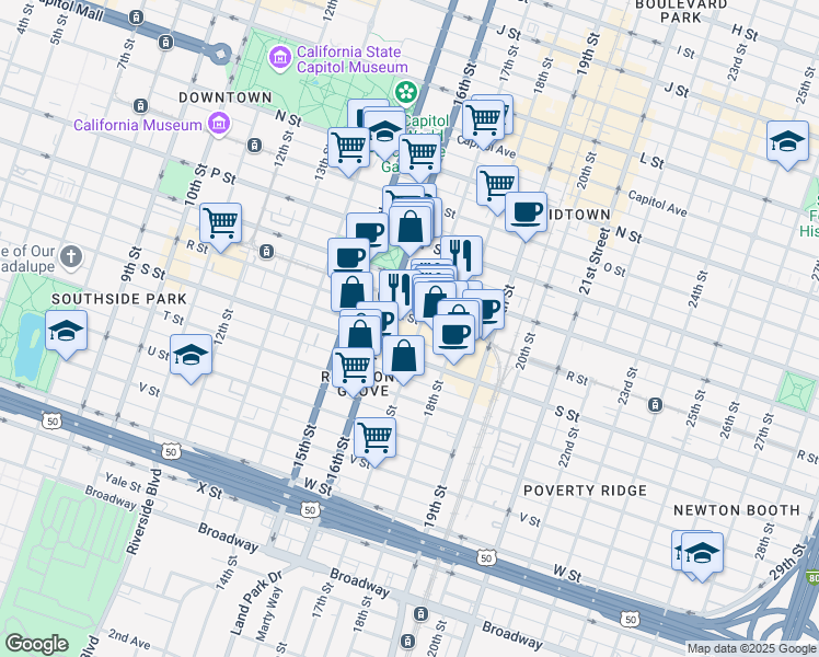 map of restaurants, bars, coffee shops, grocery stores, and more near 1720 17th Street in Sacramento