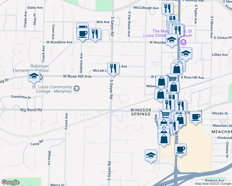 map of restaurants, bars, coffee shops, grocery stores, and more near 437 Rollingwood Lane in Kirkwood