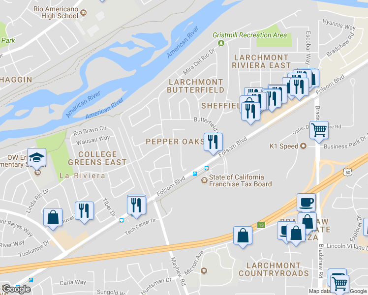 map of restaurants, bars, coffee shops, grocery stores, and more near 2805 Pepper Oaks Drive in Sacramento