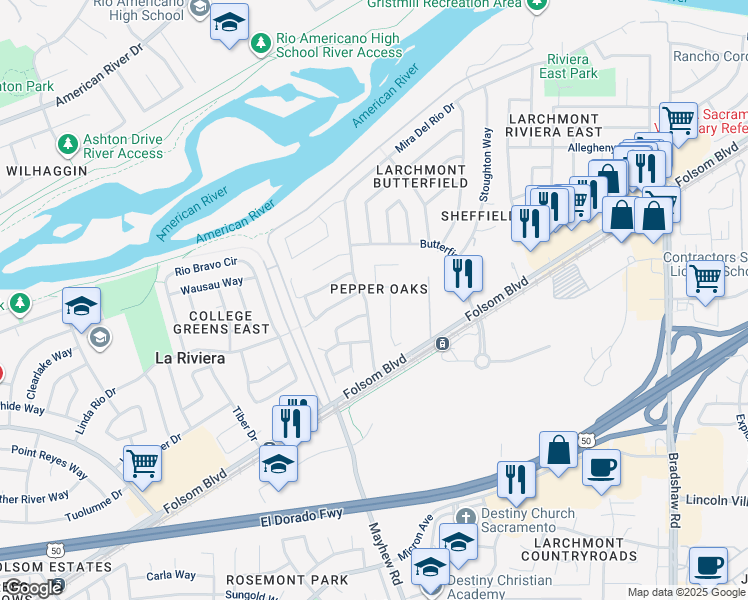 map of restaurants, bars, coffee shops, grocery stores, and more near 9419 Linda Rio Drive in Sacramento