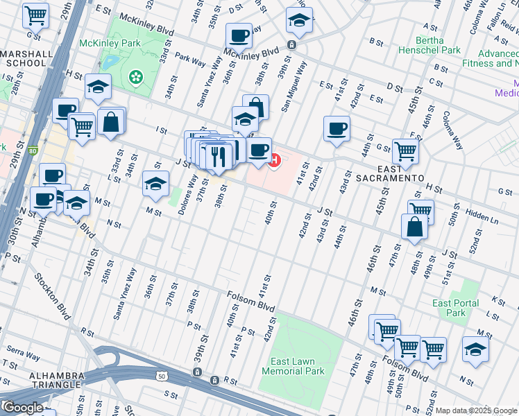 map of restaurants, bars, coffee shops, grocery stores, and more near 3948 J Street in Sacramento