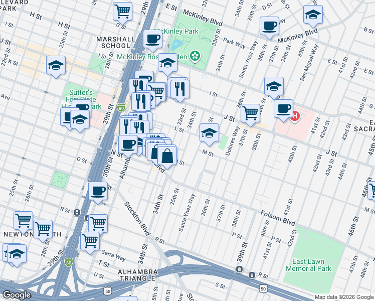 map of restaurants, bars, coffee shops, grocery stores, and more near 1224 34th Street in Sacramento