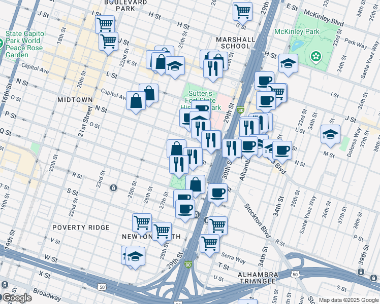 map of restaurants, bars, coffee shops, grocery stores, and more near 2701 N Street in Sacramento