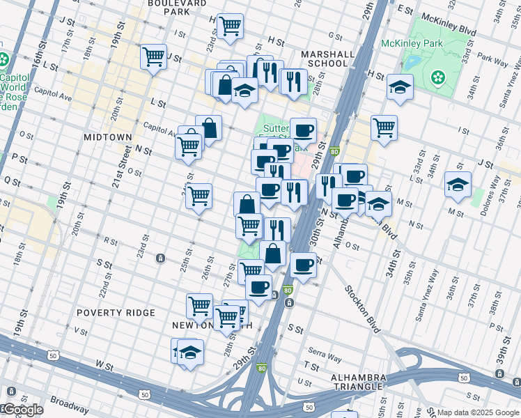 map of restaurants, bars, coffee shops, grocery stores, and more near 2620 N Street in Sacramento