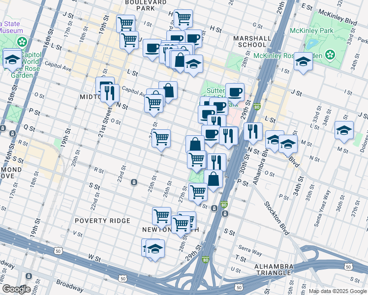 map of restaurants, bars, coffee shops, grocery stores, and more near 2521 O Street in Sacramento