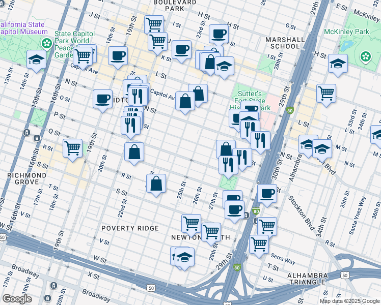 map of restaurants, bars, coffee shops, grocery stores, and more near 2430 O Street in Sacramento