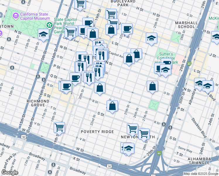 map of restaurants, bars, coffee shops, grocery stores, and more near 1520 23rd Street in Sacramento