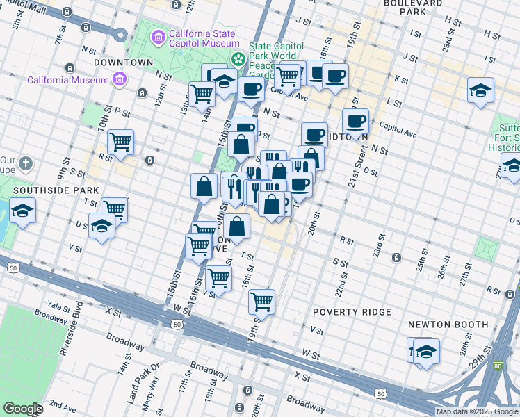 map of restaurants, bars, coffee shops, grocery stores, and more near 1720 Q Street in Sacramento