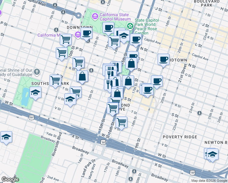 map of restaurants, bars, coffee shops, grocery stores, and more near 1800 15th Street in Sacramento