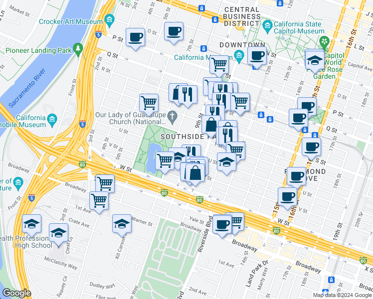 map of restaurants, bars, coffee shops, grocery stores, and more near in Sacramento