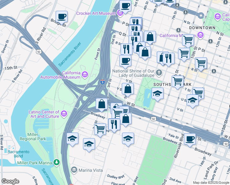 map of restaurants, bars, coffee shops, grocery stores, and more near 2130 4th Street in Sacramento
