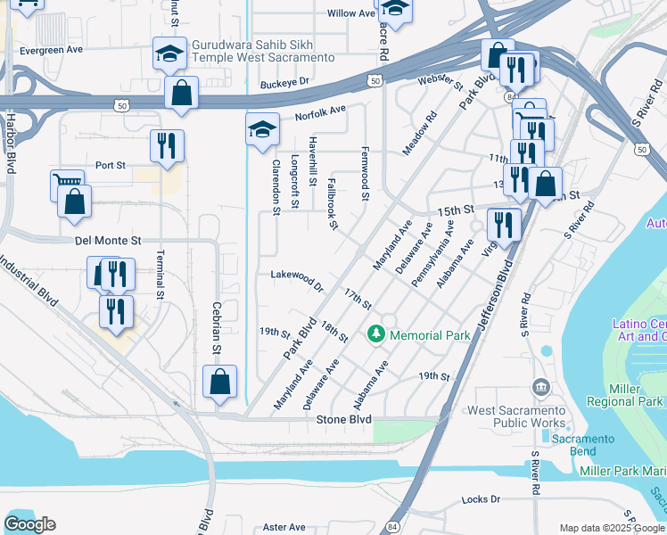 map of restaurants, bars, coffee shops, grocery stores, and more near 1608 Fernwood Street in West Sacramento
