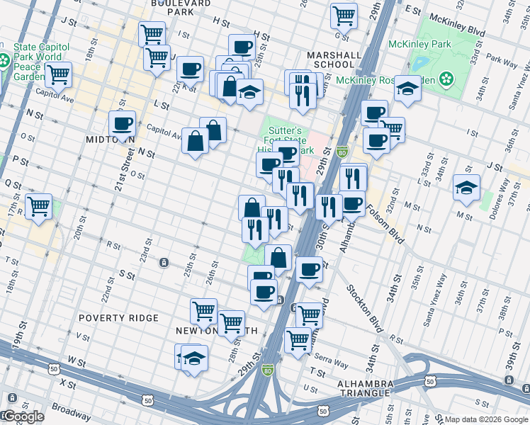map of restaurants, bars, coffee shops, grocery stores, and more near 2707 O Street in Sacramento