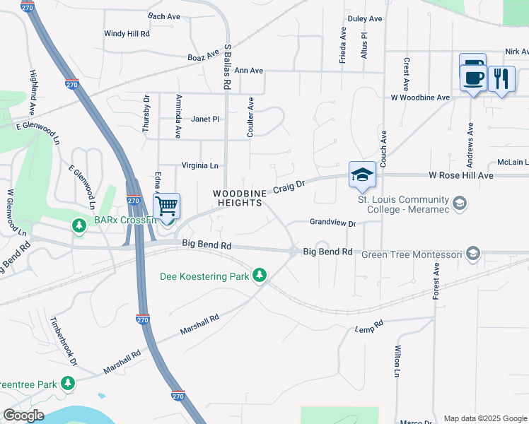 map of restaurants, bars, coffee shops, grocery stores, and more near 12135 Old Big Bend Road in Kirkwood