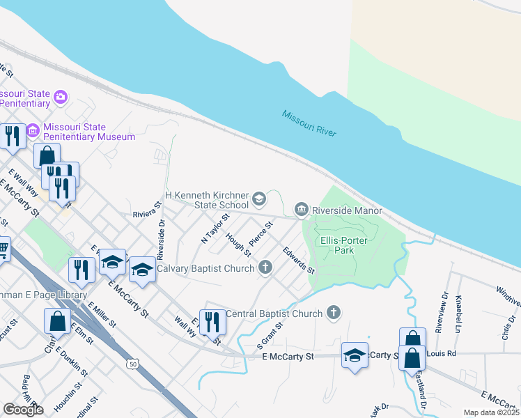 map of restaurants, bars, coffee shops, grocery stores, and more near 1403 Riverside Drive in Jefferson City