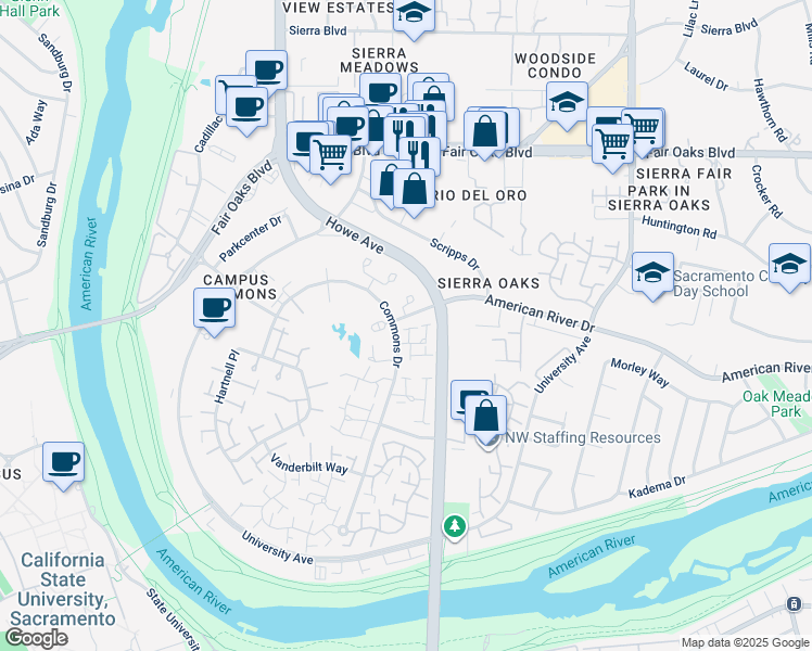 map of restaurants, bars, coffee shops, grocery stores, and more near 2302 American River Drive in Sacramento