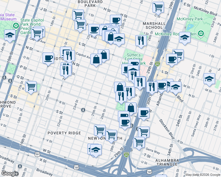 map of restaurants, bars, coffee shops, grocery stores, and more near 2530 O Street in Sacramento