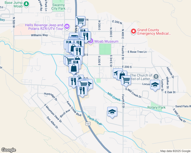 map of restaurants, bars, coffee shops, grocery stores, and more near 260 South 200 East in Moab
