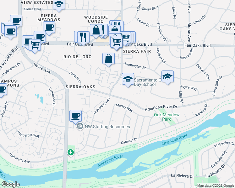 map of restaurants, bars, coffee shops, grocery stores, and more near 260 Munroe Street in Sacramento